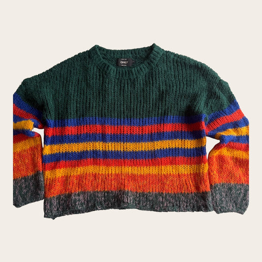 Damski sweter TrickandChic o grubym splocie w wielobarwne paski z okrągłym dekoltem