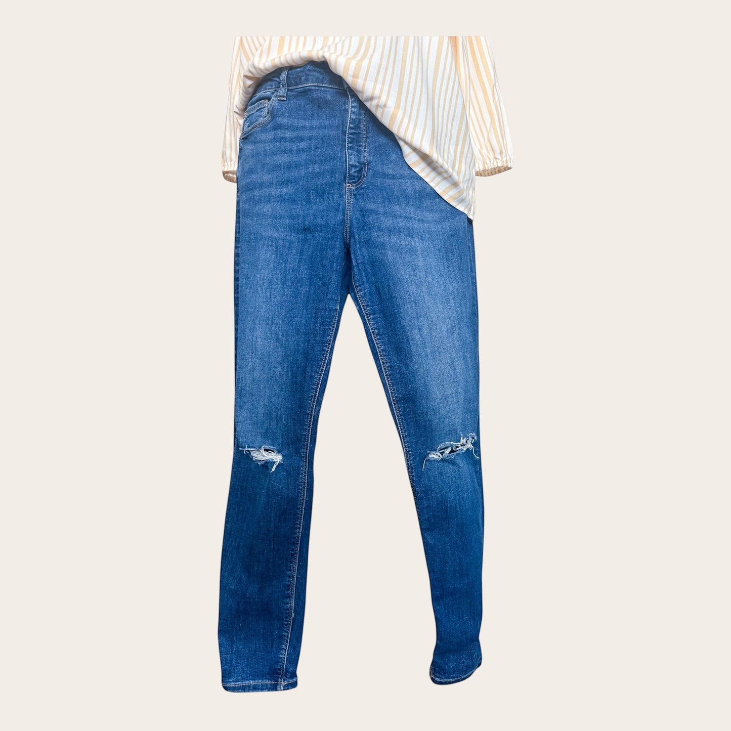 TrickandChic granatowe jeansy Denim&Co z wysokim stanem i dziurami na kolanach w rozmiarze XL