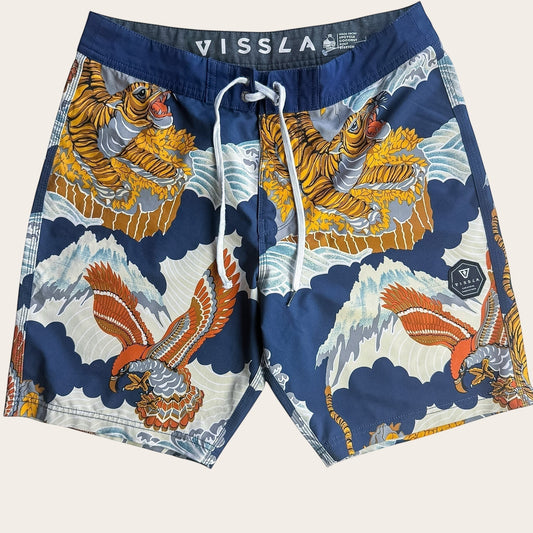 Męskie szorty kąpielowe TrickandChic Vissla w kolorze granatowym z nadrukiem tygrysów i orłów w stylu japońskim.