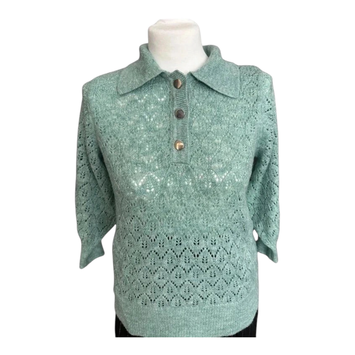 Miętowa bluzka polo TrickandChic Next z ażurowym splotem pointelle, kołnierzykiem i metalowymi guzikami w stylu retro