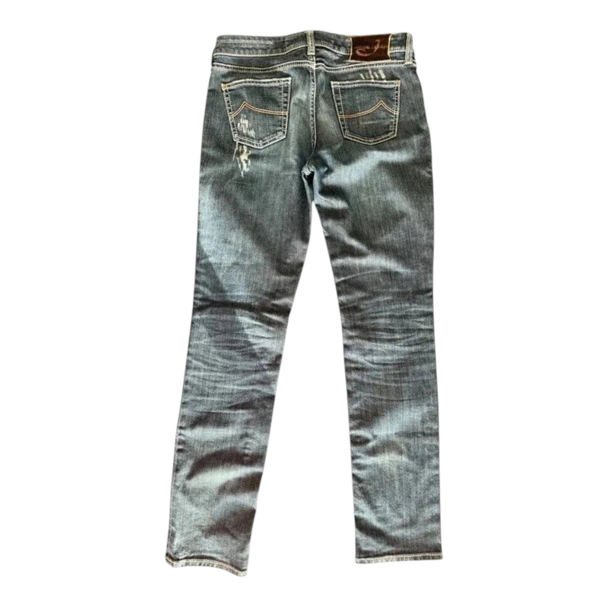 TrickandChic damskie jeansy Jacob Cohen z przetarciami, tylne kieszenie z ozdobnym przeszyciem i skórzaną metką