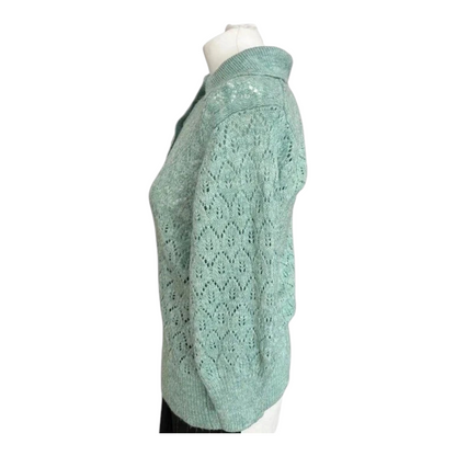 TrickandChic miętowa bluzka polo Next z ażurowym splotem pointelle i kołnierzykiem w stylu retro