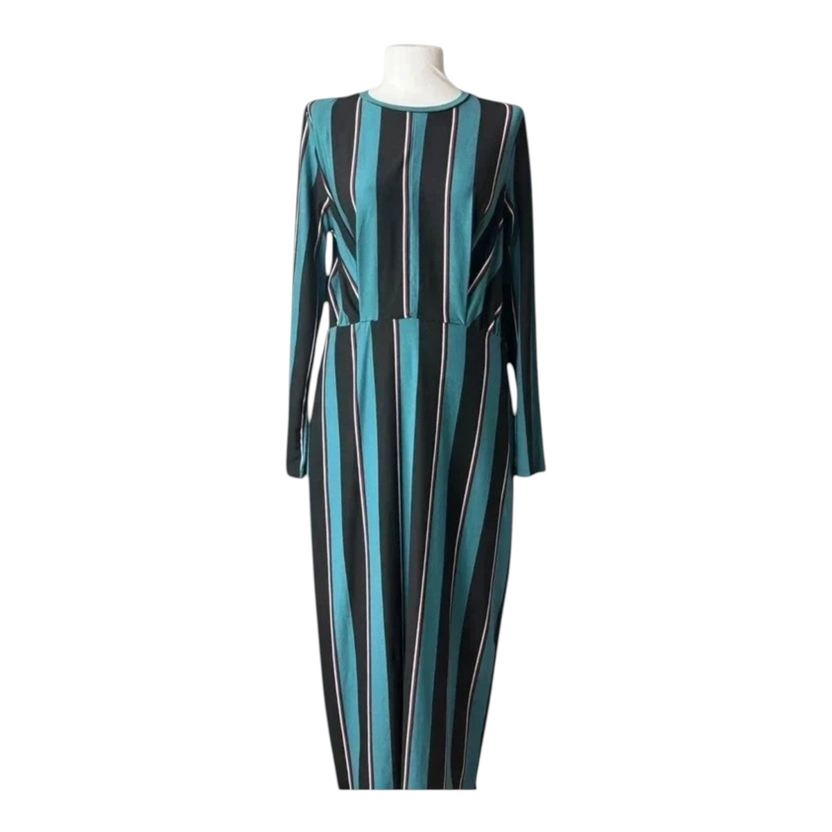 Elegancka sukienka midi TrickandChic marki Reserved w zielono-czarne paski z długim rękawem i okrągłym dekoltem