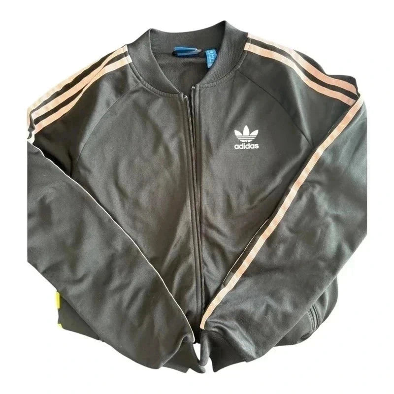 Grafitowo-czarna bluza Adidas Originals rozpinana na zamek, z białym logo Trefoil i jasnoróżowymi paskami na rękawach