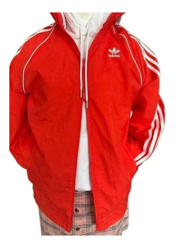 TrickandChic pomarańczowa wiatrówka Adidas Originals z białymi paskami i logo Trefoil w stylu retro Y2K