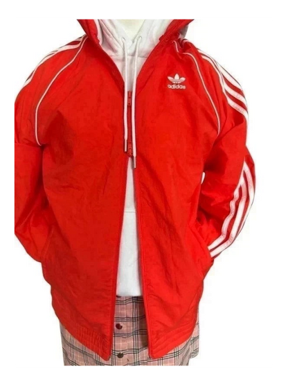 TrickandChic pomarańczowa wiatrówka Adidas Originals z białymi paskami i logo Trefoil w stylu retro Y2K