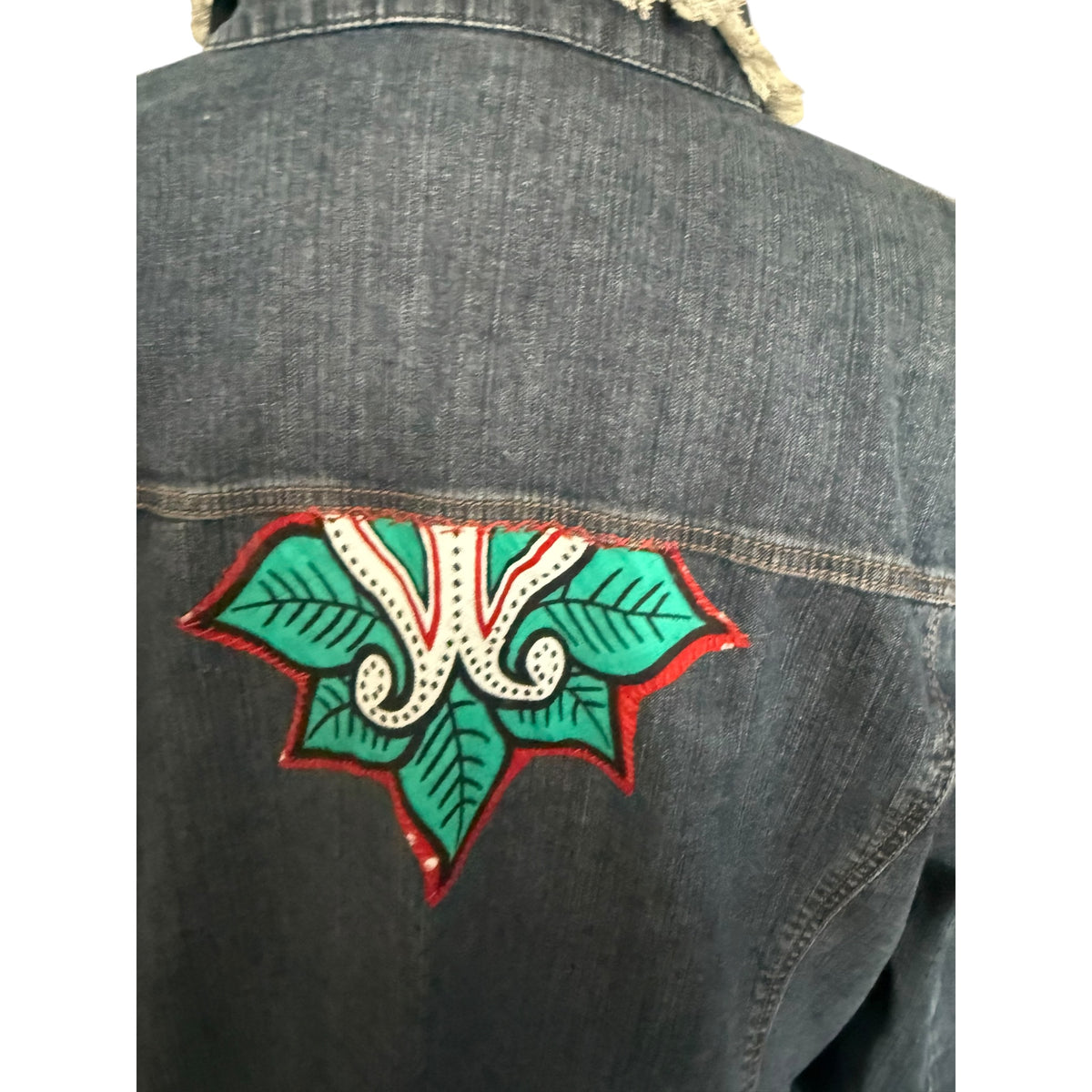 Frank Walder katana jeansowa 44 XXL kurtka dżinsowa haft kwiaty boho unikat