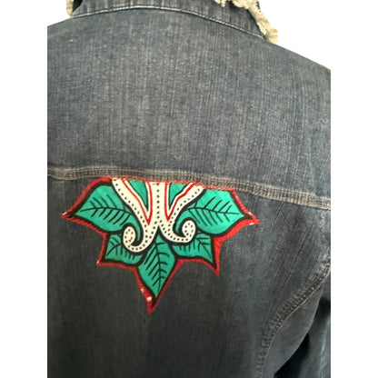 Frank Walder katana jeansowa 44 XXL kurtka dżinsowa haft kwiaty boho unikat