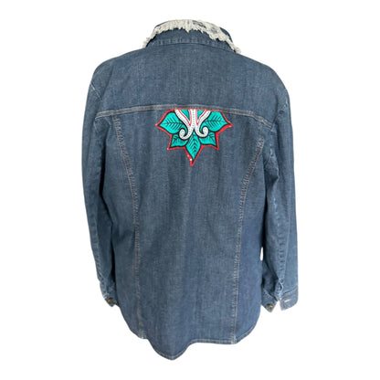 Frank Walder katana jeansowa 44 XXL kurtka dżinsowa haft kwiaty boho unikat