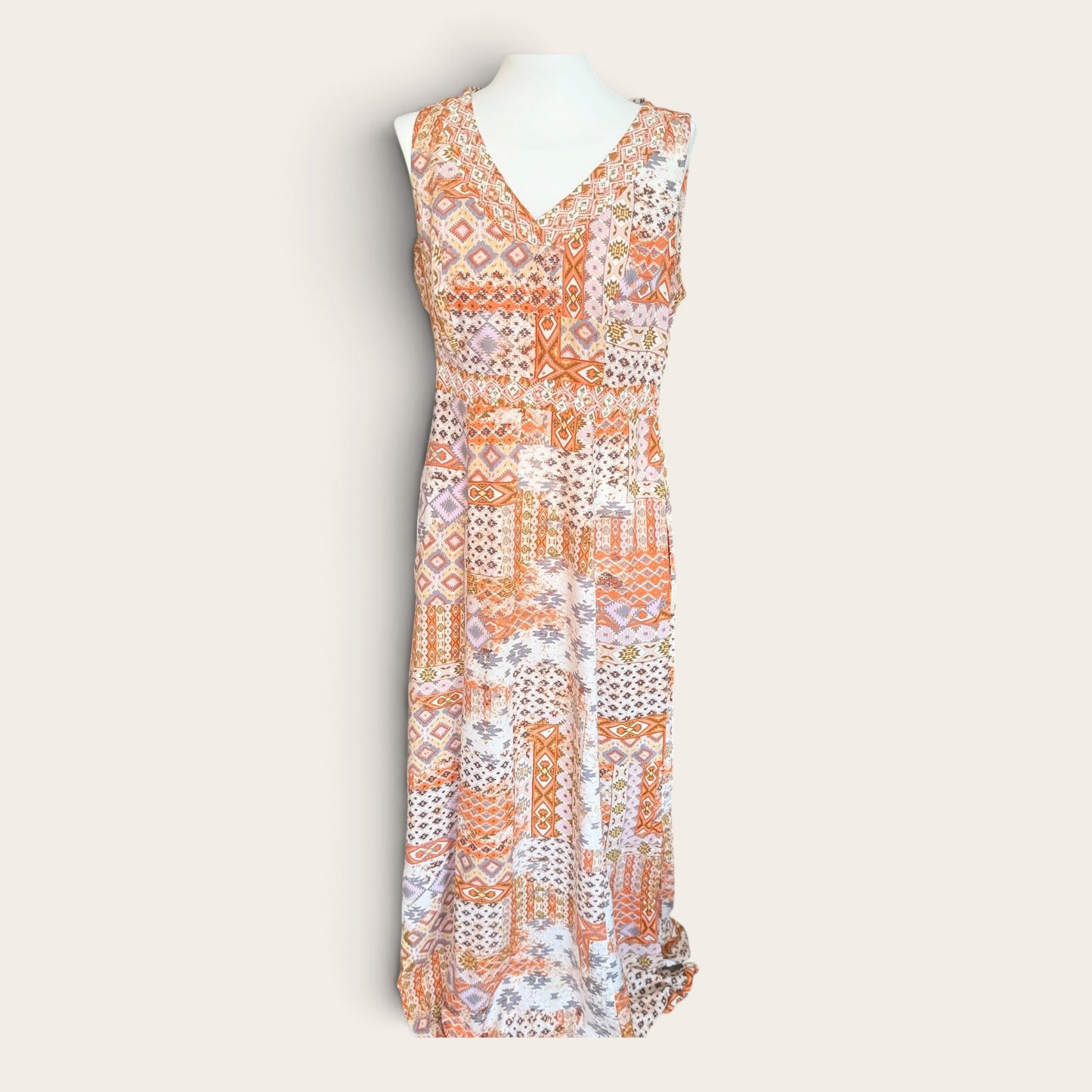 Sukienka Maxi Vintage Boho – Wzór Patchwork, Bez Rękawów TU M/L 38/40