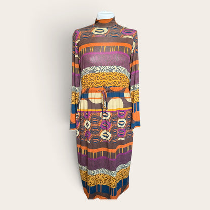Sukienka Midi Vintage Retro – Geometryczny Wzór, Golf, Lata 70.