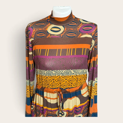 Sukienka Midi Vintage Retro – Geometryczny Wzór, Golf, Lata 70.