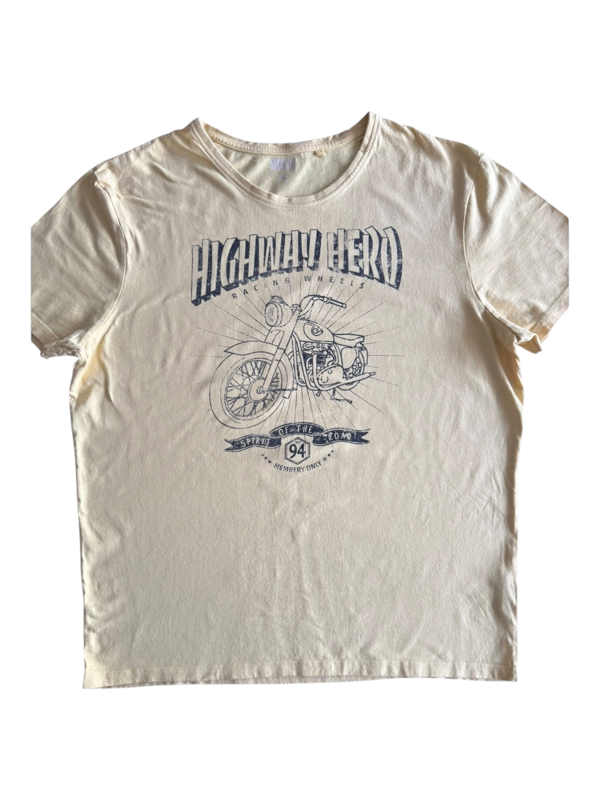 Kremowy t-shirt TrickandChic z bawełny z nadrukiem motocykla w stylu vintage i napisem Highway Hero