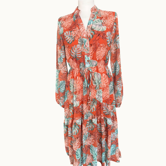 Zwiewna sukienka midi maxi w liście monstera koralowa zielona boho wiskoza szyfon S