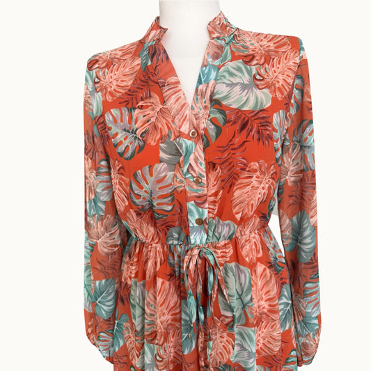 Zwiewna sukienka midi maxi w liście monstera koralowa zielona boho wiskoza szyfon S