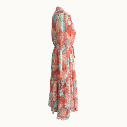 Zwiewna sukienka midi maxi w liście monstera koralowa zielona boho wiskoza szyfon S