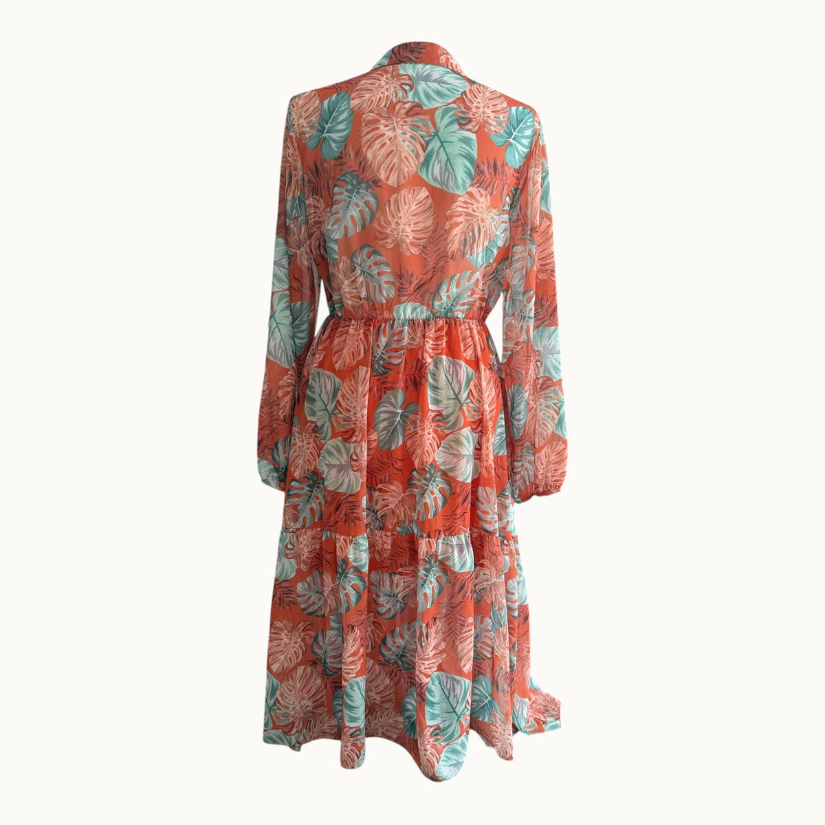 Zwiewna sukienka midi maxi w liście monstera koralowa zielona boho wiskoza szyfon S