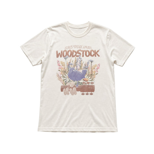 Oryginalny kremowy T-shirt Woodstock w rozmiarze L – widok z przodu