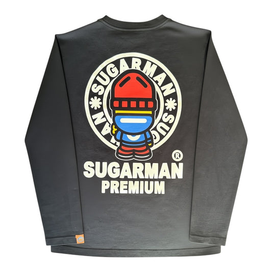 Czarna koszulka longsleeve Sugarman Premium – tył z okrągłym nadrukiem Sugarman Premium i kolorową postacią rycerza