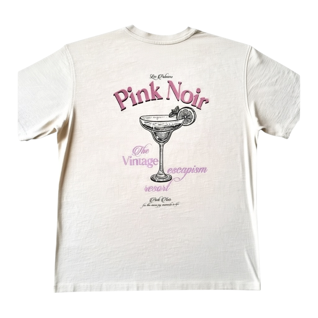 Tył kremowego T-shirtu Pink Noir z nadrukiem kieliszka z drinkiem i różowym napisem The Vintage Escapism