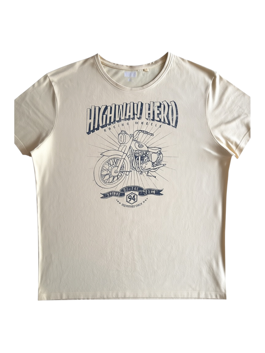 Przód jasnożółtego T-shirtu X-Mail z krótkimi rękawami, nadrukiem motocykla i napisem Highway Hero