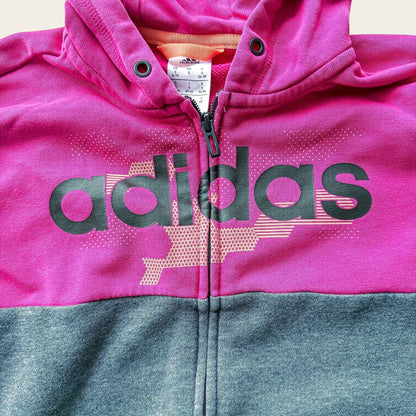TrickandChic damska bluza adidas z kapturem w kolorze różowym i szarym z dużym czarnym logo na przodzie