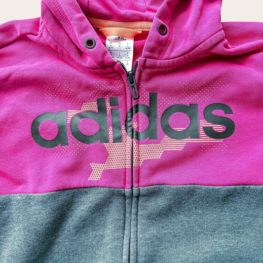 TrickandChic damska bluza adidas z kapturem w kolorze różowym i szarym z dużym czarnym logo na przodzie