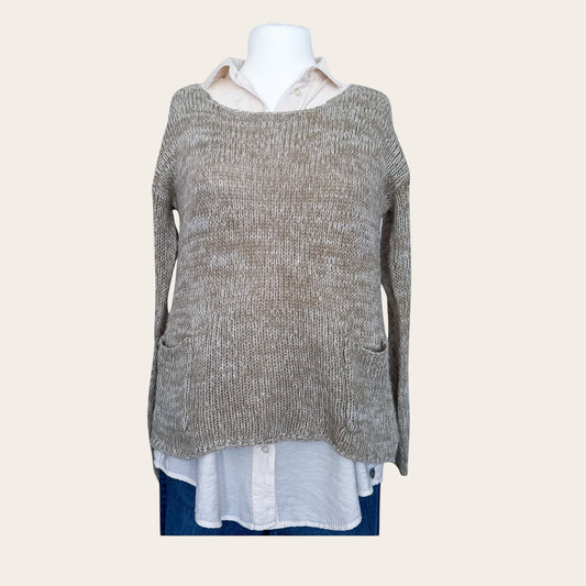Beżowy sweter TrickandChic Atmosphere z kieszonkami i srebrną nitką, dzianina o melanżowym splocie, rozmiar XL