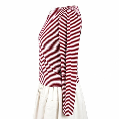 Damski top TrickandChic Beyond Vintage w czerwono-białe paski z długim rękawem i zamkiem przy dekolcie, widok z boku.