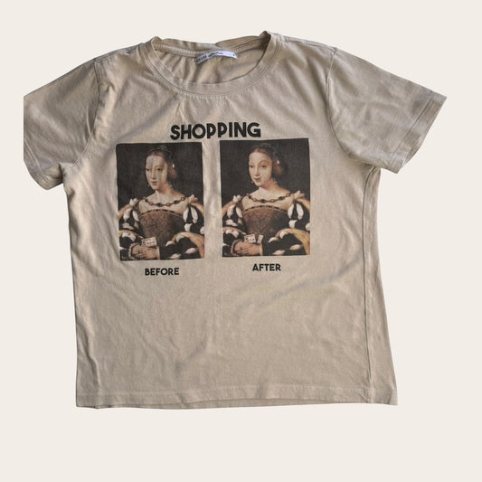 Beżowy damski T-shirt TrickandChic z bawełny z zabawnym nadrukiem graficznym przedstawiającym postać historyczną