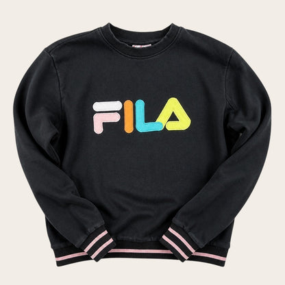 Czarna bluza dresowa TrickandChic Fila z kolorowym haftowanym logo i prążkowanymi ściągaczami w paski
