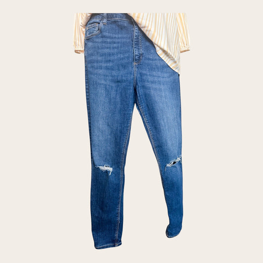 Granatowe jeansy TrickandChic Denim&Co z wysokim stanem i modnymi dziurami na kolanach w rozmiarze XL