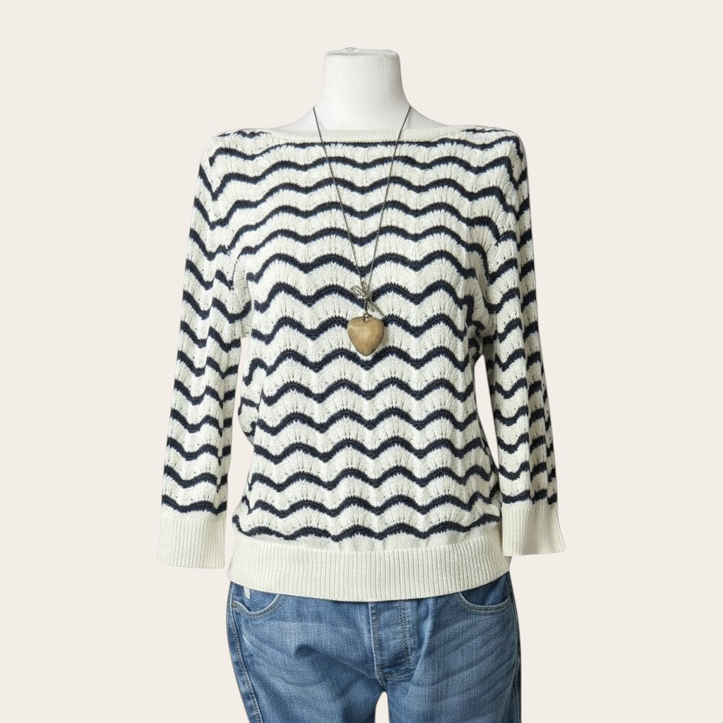 Damski sweter TrickandChic w biało-granatowe faliste paski z dekoltem w łódkę i rękawami 3/4 na manekinie