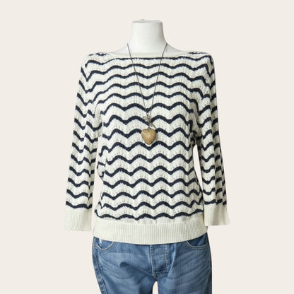 Damski sweter TrickandChic w biało-granatowe faliste paski z dekoltem w łódkę i rękawami 3/4 na manekinie