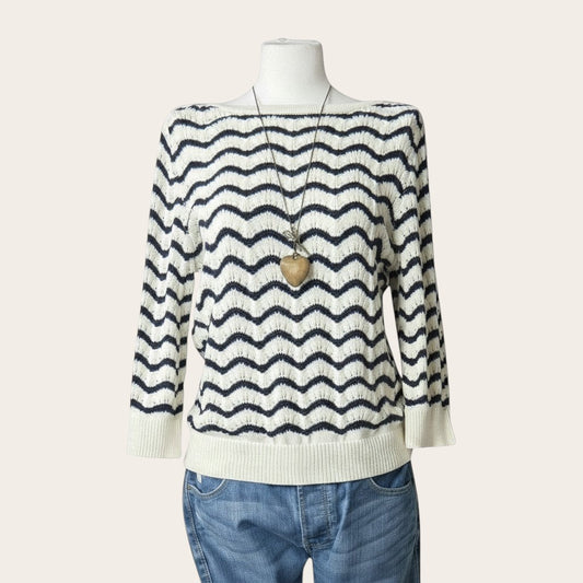 Damski sweter TrickandChic w biało-granatowe faliste paski z dekoltem w łódkę i rękawami 3/4 na manekinie