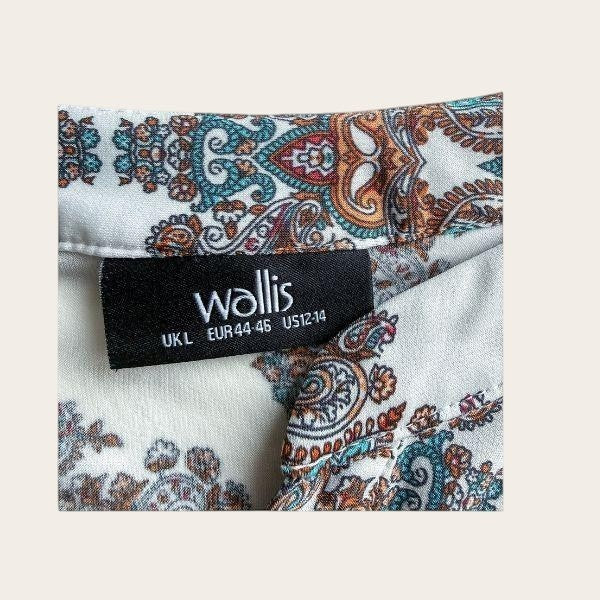 Metka marki Wallis na damskiej bluzce w stylu boho z wielobarwnym wzorem paisley w odcieniach turkusu i brązu
