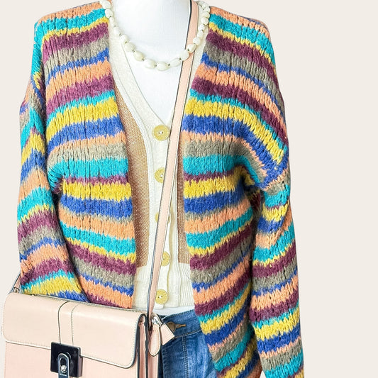 Wielokolorowy sweter w paski marki TrickandChic z domieszką moheru i wełny, styl vintage, rozmiar uniwersalny